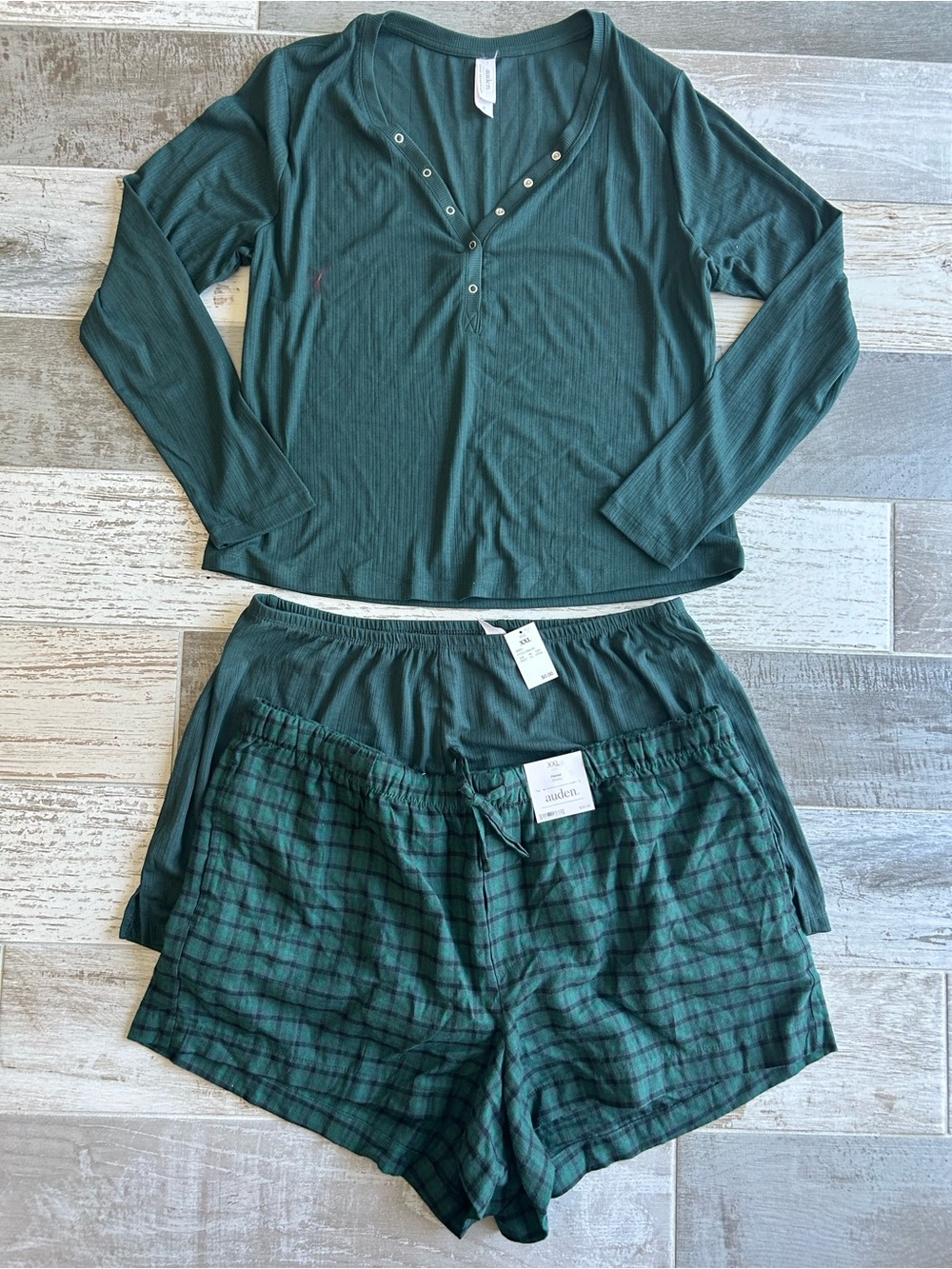 NWT Auden Ribbed Pajama Set Green Blue Plaid Henley Top 2 Shorts Women’s XXL
